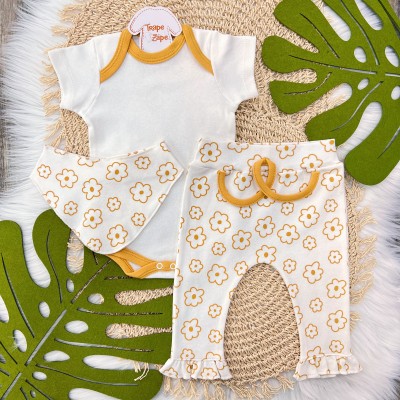 Conjunto M/c + Bandana Flores Mostarda e Off